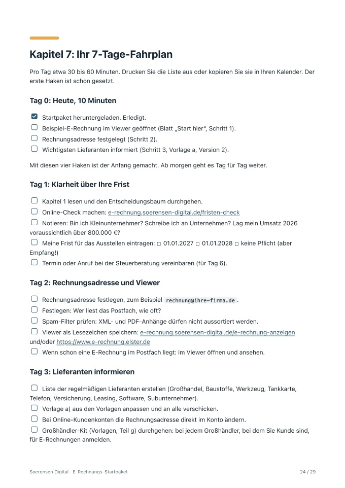Leitfaden-Seite aus Kapitel 7: 7-Tage-Fahrplan mit Tag 0 (erster Haken schon gesetzt) und Abhak-Kästchen für Tag 1 bis 3