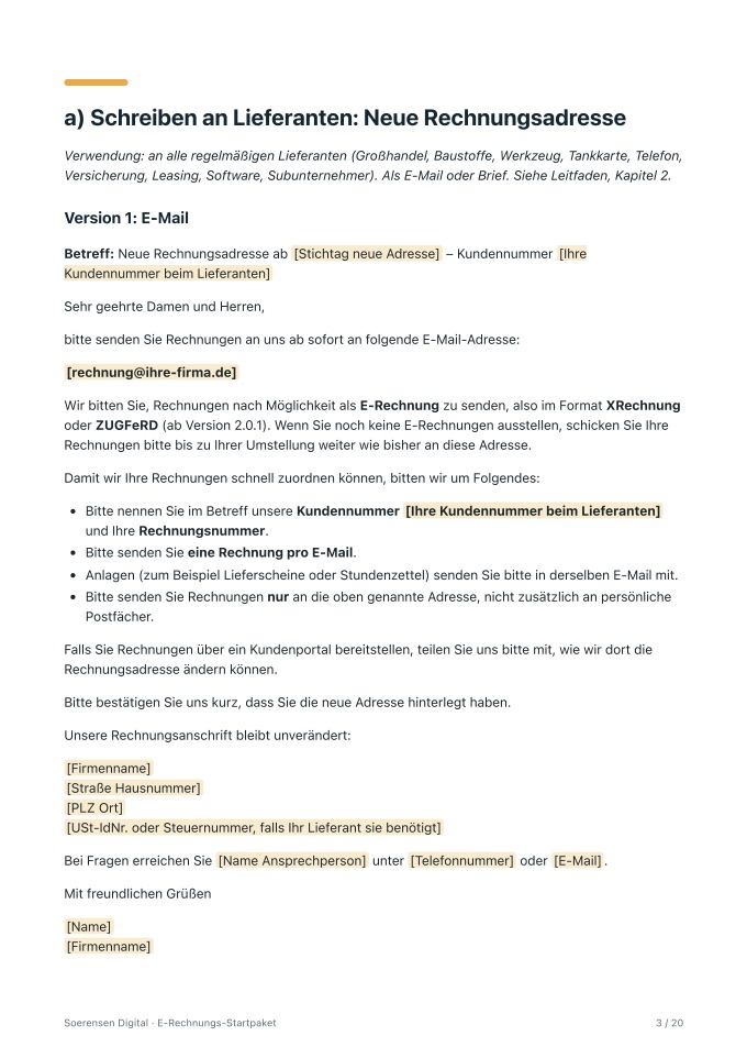 Vorlagen-Seite a: Schreiben an Lieferanten mit neuer Rechnungsadresse, Version als E-Mail